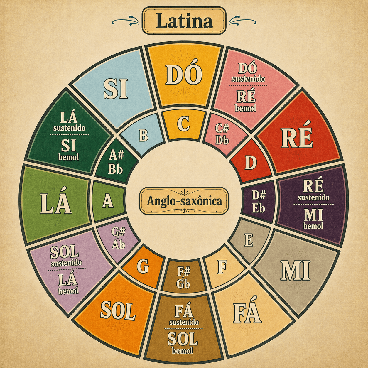 Mapa circular das 12 notas musicais em notação latina e anglo-saxônica